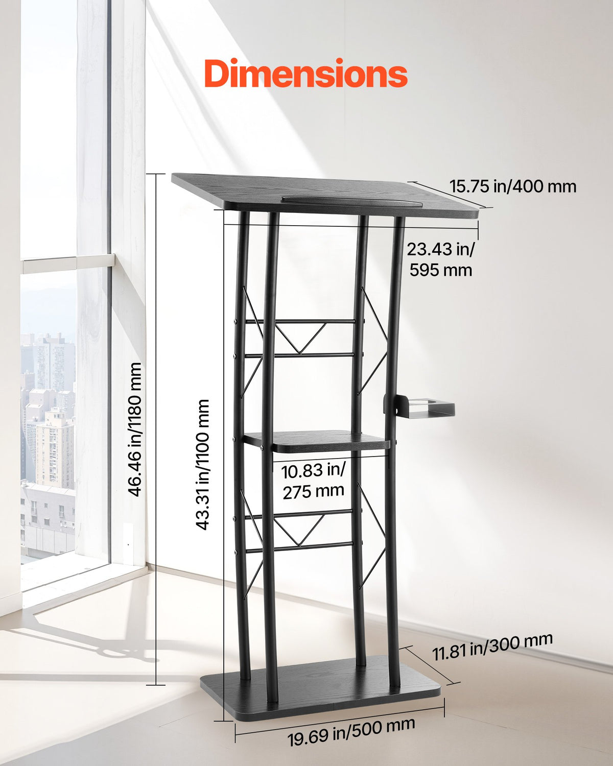 Podiumställ, 1180 mm metallpulpet, böjd stående podium med bred läsyta, öppet förvaringsfack, bokhållare, mugghållare, för klassrum, bröllop, konferens, tal, konsert