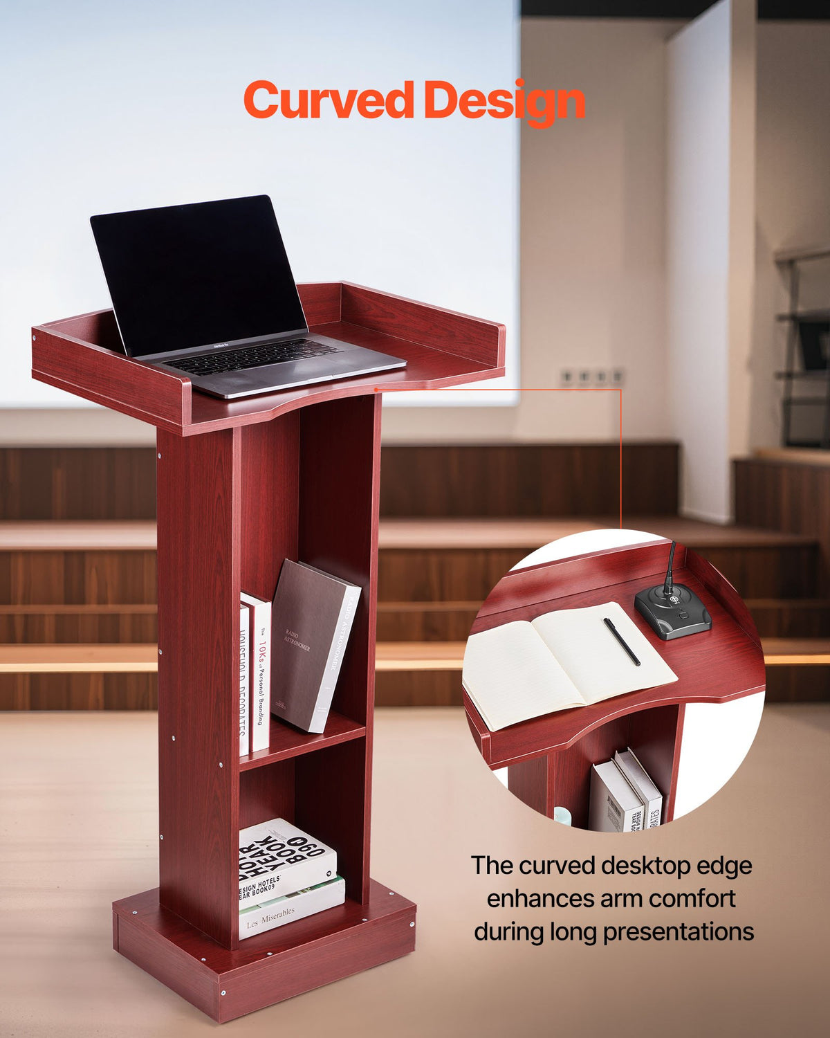 Podium Stand, 1040 mm Wooden Lectern, Laptop Desk with Wide Reading Surface and Storage Shelf, Edge Stopper, Elegant Design, Flool-Standing, for Classroom, Conference, Church, and Presentation
