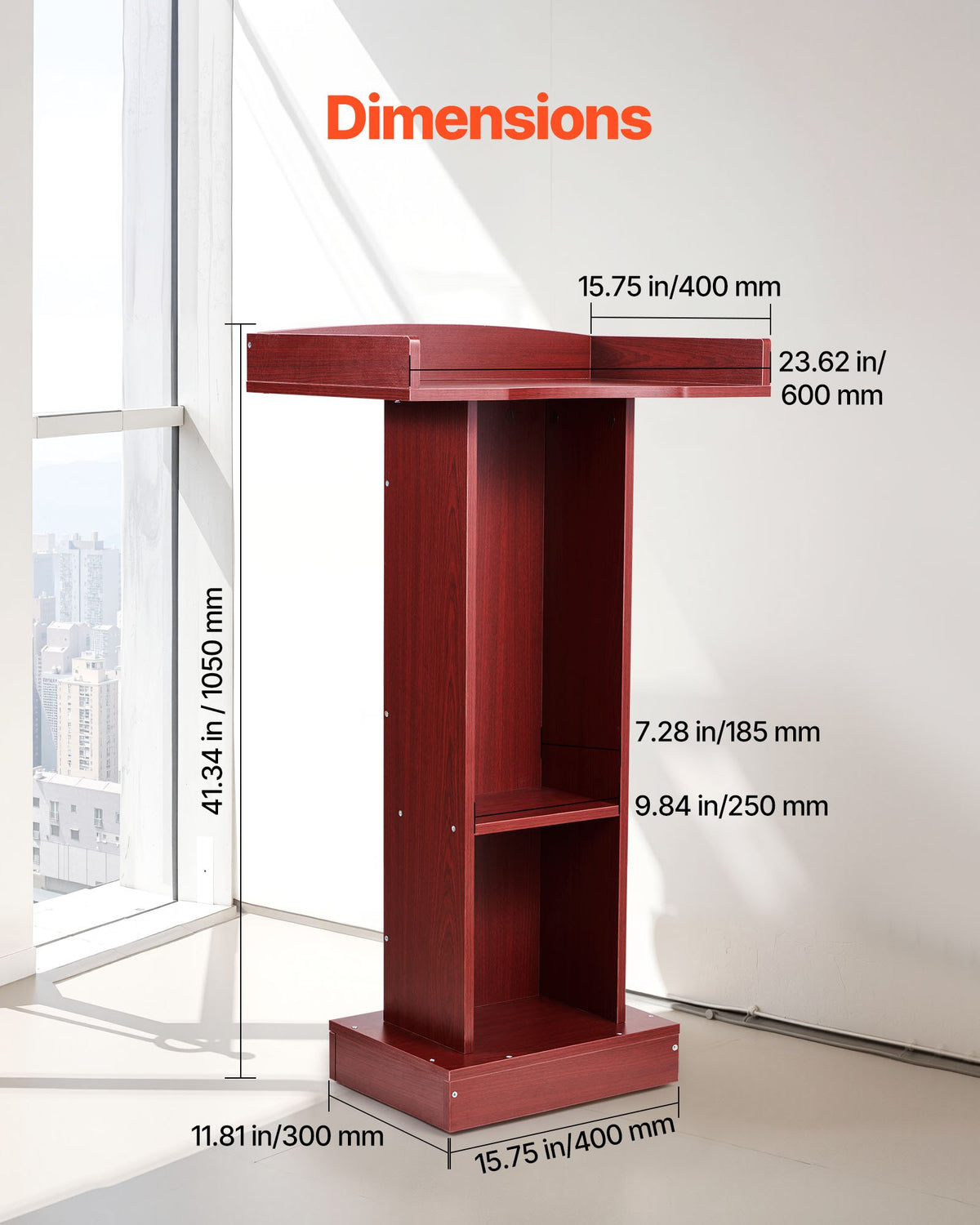 Podium Stand, 1040 mm Wooden Lectern, Laptop Desk with Wide Reading Surface and Storage Shelf, Edge Stopper, Elegant Design, Flool-Standing, for Classroom, Conference, Church, and Presentation