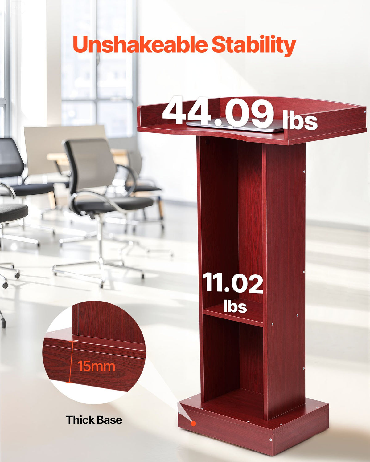 Podium Stand, 1040 mm Wooden Lectern, Laptop Desk with Wide Reading Surface and Storage Shelf, Edge Stopper, Elegant Design, Flool-Standing, for Classroom, Conference, Church, and Presentation