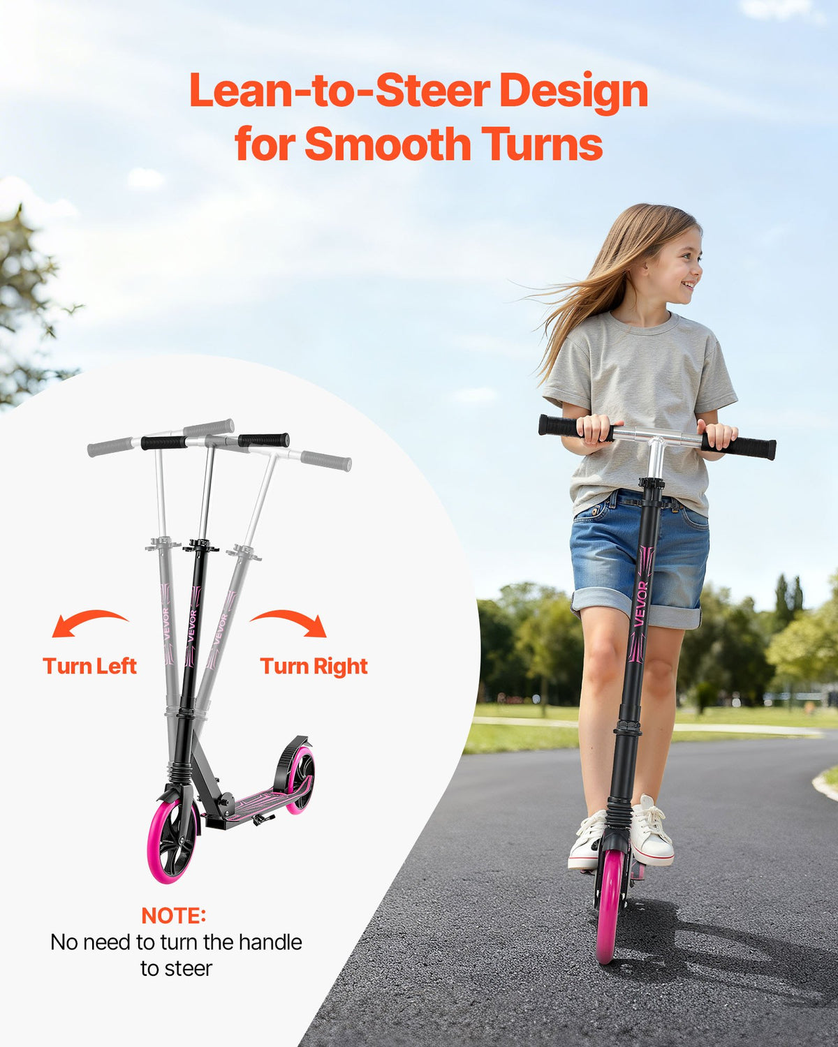 Sparkcykel för barn från 8 år, tonåringar och vuxna, 2-hjulig sparkcykel för småbarn med justerbart styre, brett halkfritt däck, hopfällbar lättviktsram för pojkar och flickor upp till 99,8 kg, rosa