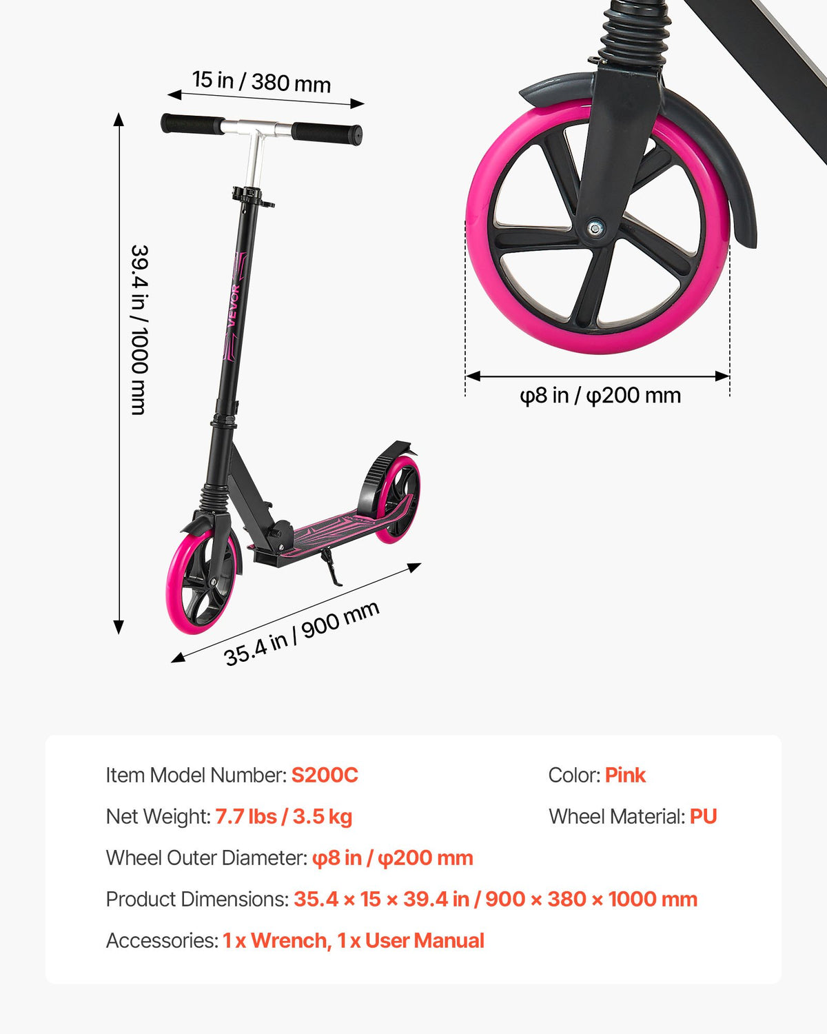 Sparkcykel för barn från 8 år, tonåringar och vuxna, 2-hjulig sparkcykel för småbarn med justerbart styre, brett halkfritt däck, hopfällbar lättviktsram för pojkar och flickor upp till 99,8 kg, rosa
