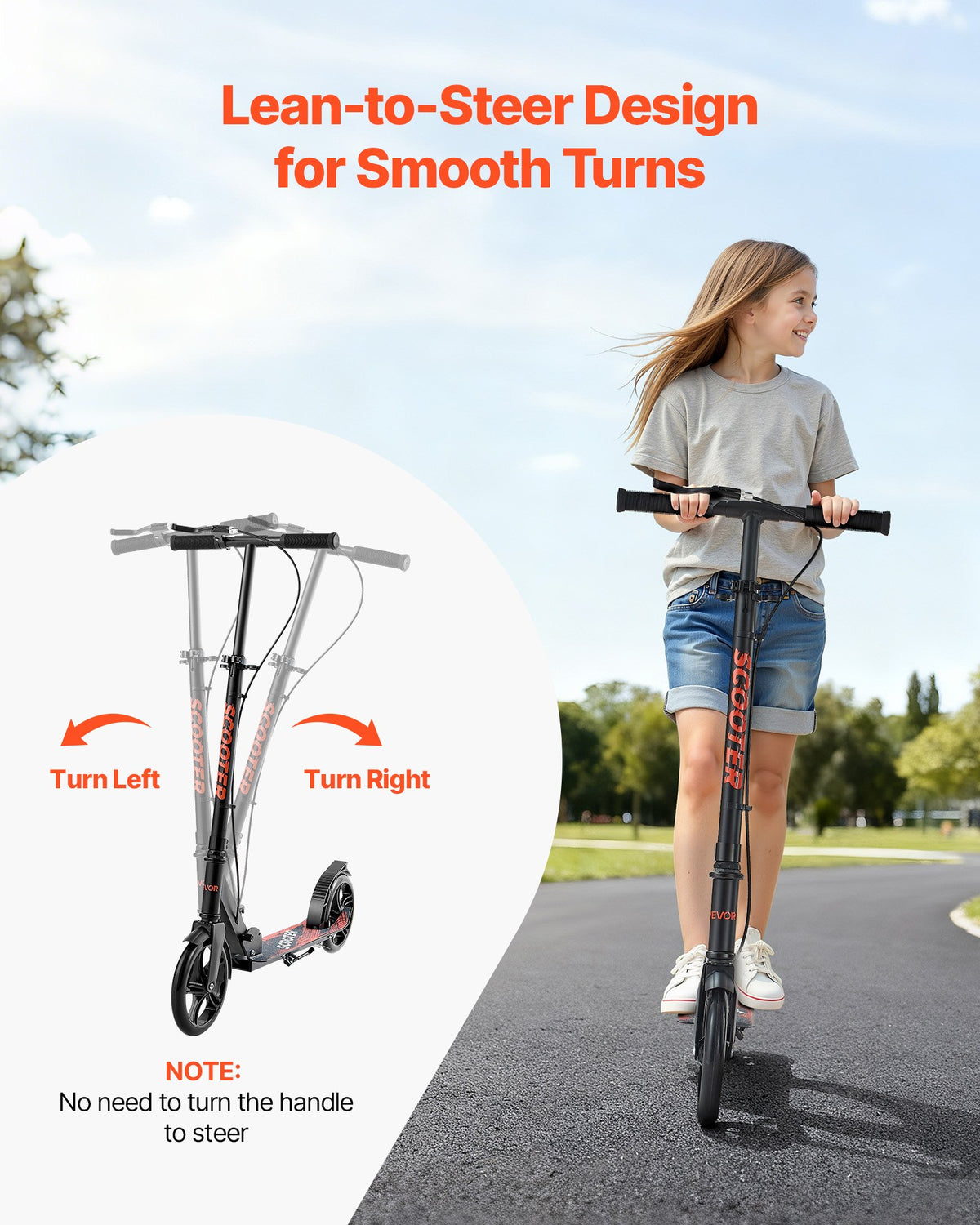 Sparkcykel för barn från 8 år, tonåringar och vuxna, 2-hjulig sparkcykel för småbarn med höjdjusterbart styre, brett halkfritt däck, hopfällbar lättviktsram för pojkar och flickor upp till 99,8 kg, svart