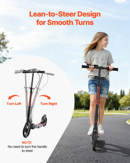 Sparkcykel för barn från 8 år, tonåringar och vuxna, 2-hjulig sparkcykel för småbarn med höjdjusterbart styre, brett halkfritt däck, hopfällbar lättviktsram för pojkar och flickor upp till 99,8 kg, svart