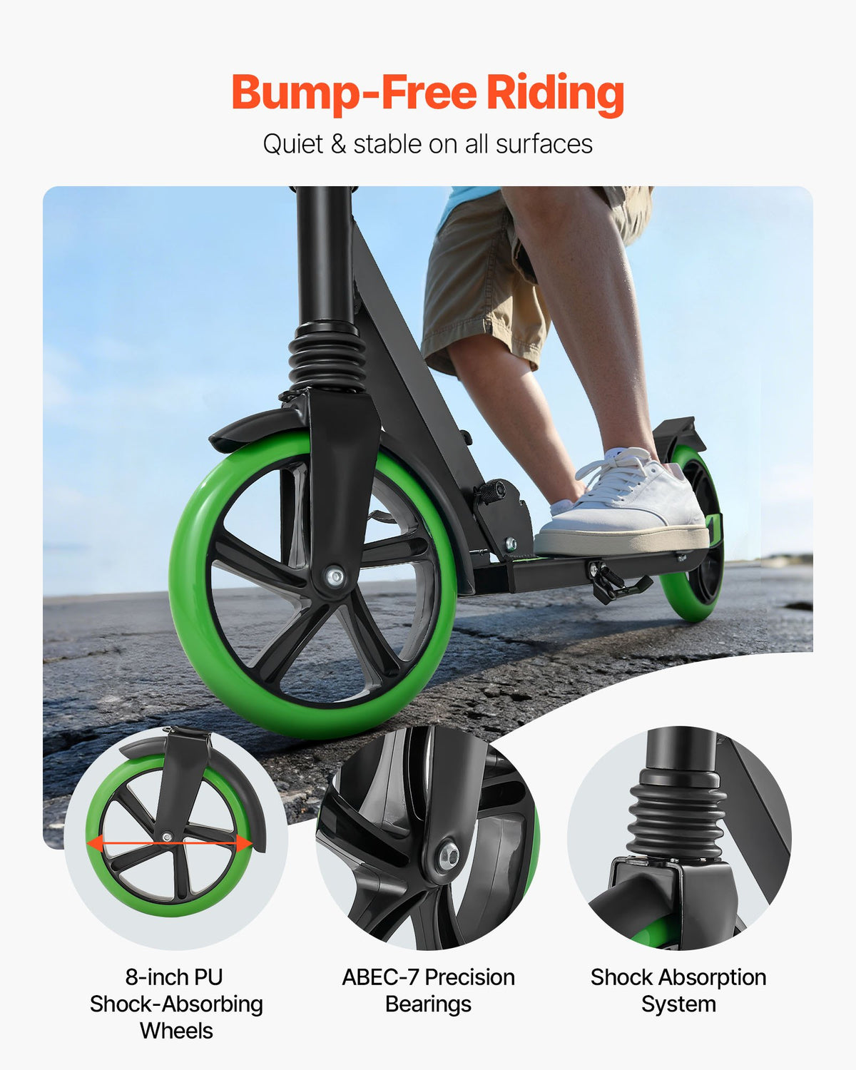 Sparkcykel för barn från 8 år, tonåringar och vuxna, 2-hjulig sparkcykel för småbarn med justerbart styre, brett halkfritt däck, hopfällbar, lättviktig för pojkar och flickor upp till 99,8 kg, svart + grön