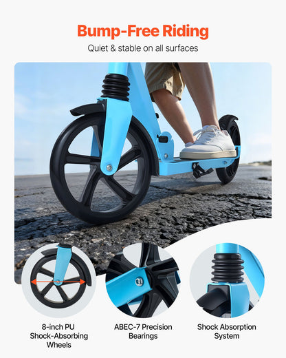 Sparkcykel för barn från 8 år, tonåringar och vuxna, 2-hjulig sparkcykel för småbarn med justerbart styre, brett halkfritt däck, hopfällbar, lättviktig för pojkar och flickor upp till 99,8 kg, blå + svart