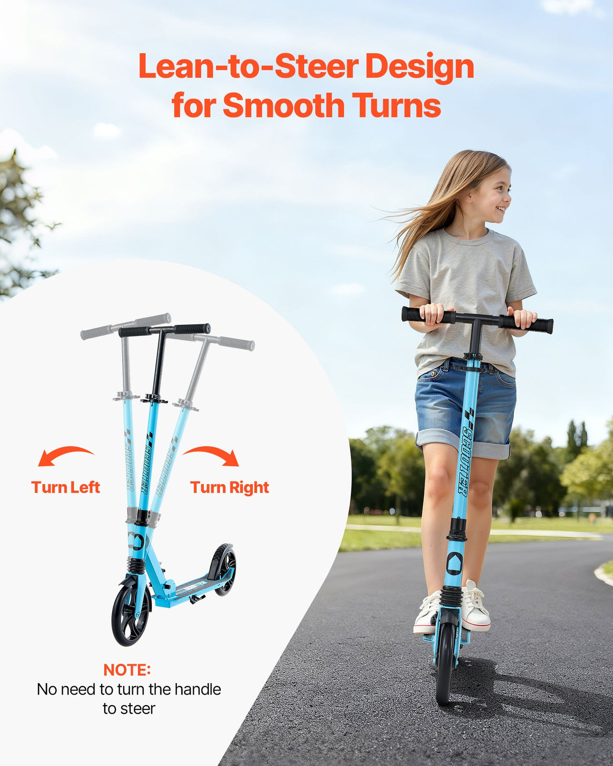 Sparkcykel för barn från 8 år, tonåringar och vuxna, 2-hjulig sparkcykel för småbarn med justerbart styre, brett halkfritt däck, hopfällbar, lättviktig för pojkar och flickor upp till 99,8 kg, blå + svart