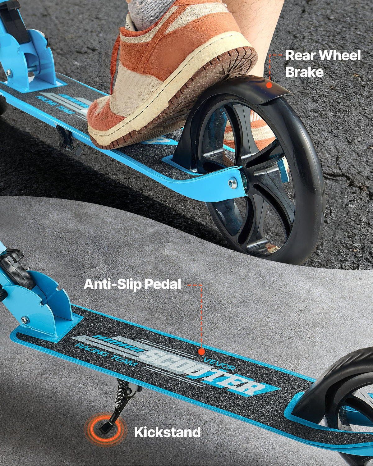 Sparkcykel för barn från 8 år, tonåringar och vuxna, 2-hjulig sparkcykel för småbarn med justerbart styre, brett halkfritt däck, hopfällbar, lättviktig för pojkar och flickor upp till 99,8 kg, blå + svart