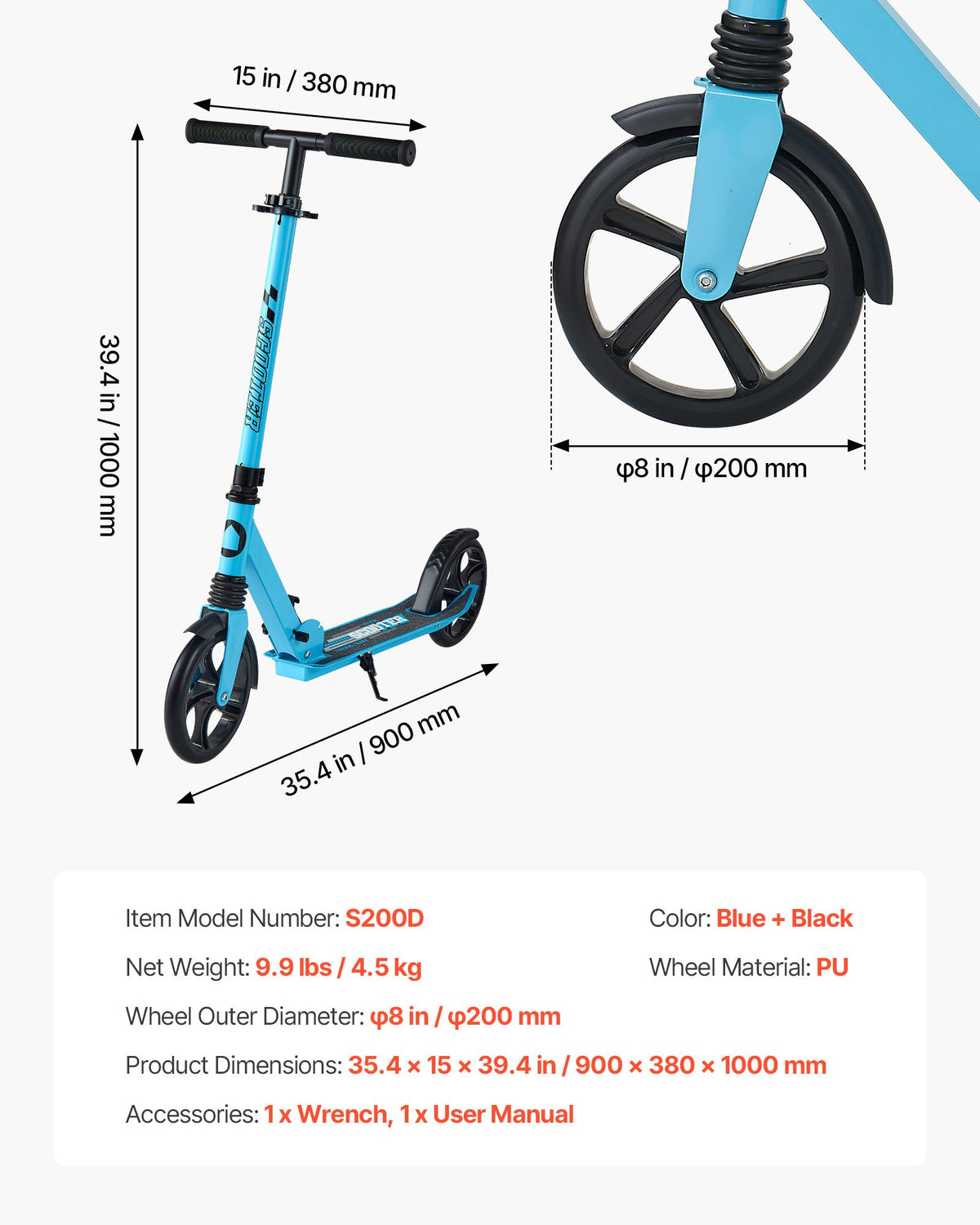 Sparkcykel för barn från 8 år, tonåringar och vuxna, 2-hjulig sparkcykel för småbarn med justerbart styre, brett halkfritt däck, hopfällbar, lättviktig för pojkar och flickor upp till 99,8 kg, blå + svart