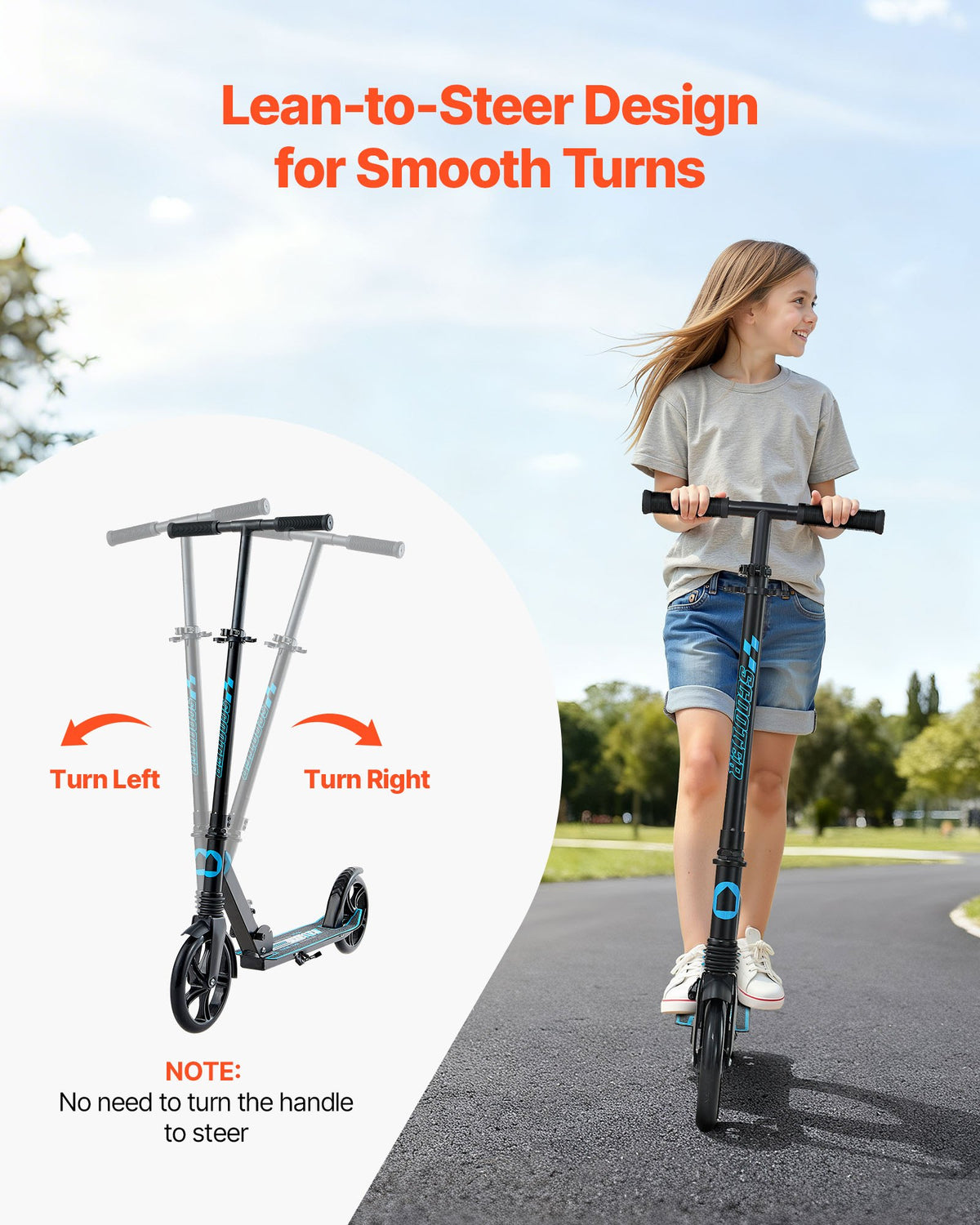 Sparkcykel för barn från 8 år, tonåringar och vuxna, 2-hjulig sparkcykel för småbarn med justerbart styre, brett halkfritt däck, hopfällbar, lättviktig för pojkar och flickor upp till 99,8 kg, svart + blå