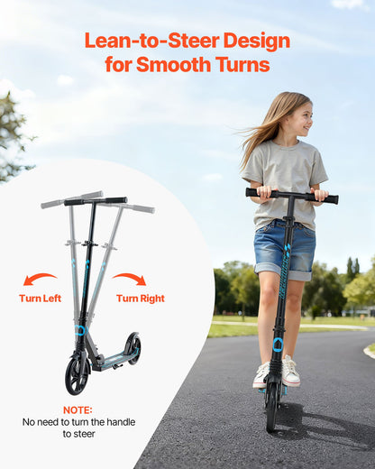 Sparkcykel för barn från 8 år, tonåringar och vuxna, 2-hjulig sparkcykel för småbarn med justerbart styre, brett halkfritt däck, hopfällbar, lättviktig för pojkar och flickor upp till 99,8 kg, svart + blå