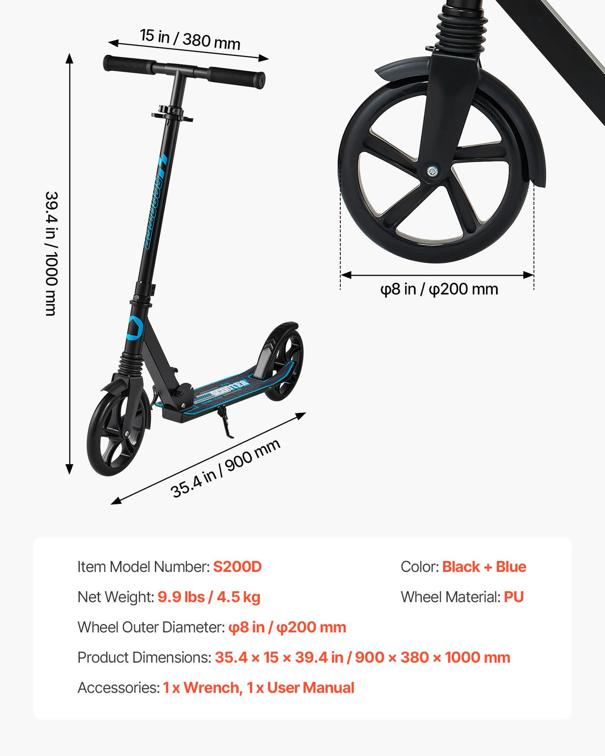 Sparkcykel för barn från 8 år, tonåringar och vuxna, 2-hjulig sparkcykel för småbarn med justerbart styre, brett halkfritt däck, hopfällbar, lättviktig för pojkar och flickor upp till 99,8 kg, svart + blå