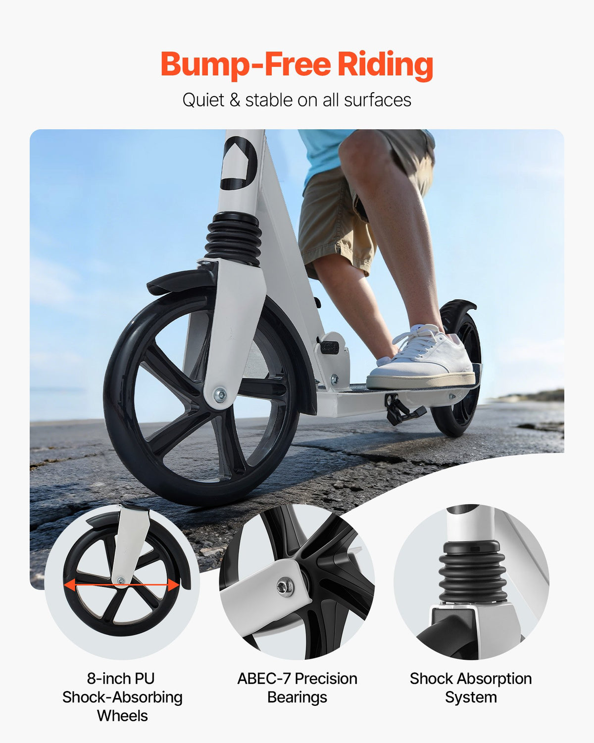 Sparkcykel för barn från 8 år, tonåringar och vuxna, 2-hjulig sparkcykel för småbarn med justerbart styre, brett halkfritt däck, hopfällbar, lättviktig för pojkar och flickor upp till 99,8 kg, vit + svart