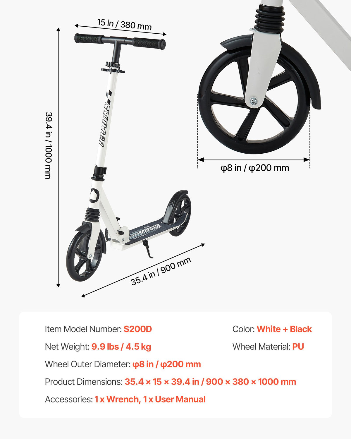 Sparkcykel för barn från 8 år, tonåringar och vuxna, 2-hjulig sparkcykel för småbarn med justerbart styre, brett halkfritt däck, hopfällbar, lättviktig för pojkar och flickor upp till 99,8 kg, vit + svart