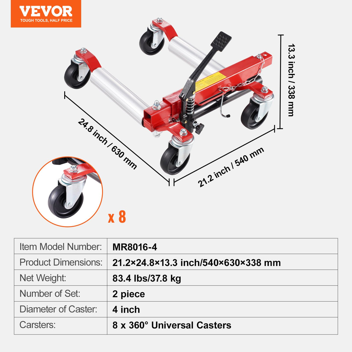 Hjulvagn, maxkapacitet 1500 lbs bilvagn, domkraft med 360° roterbara hjul, hydraulisk däckdomkraft för tunga fordon, för fordonsbilreparationer, flyttning, 2-pack