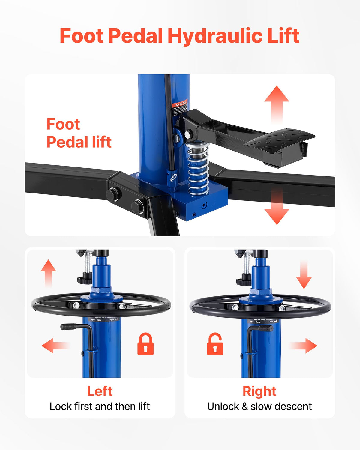 Hydraulisk domkraft, lyftkapacitet 0,75 ton, teleskopisk domkraft med fotpedal, 360° svängbart hjul, 88–176 cm hög lyfthöjd, lyftanordning för garage/verkstad