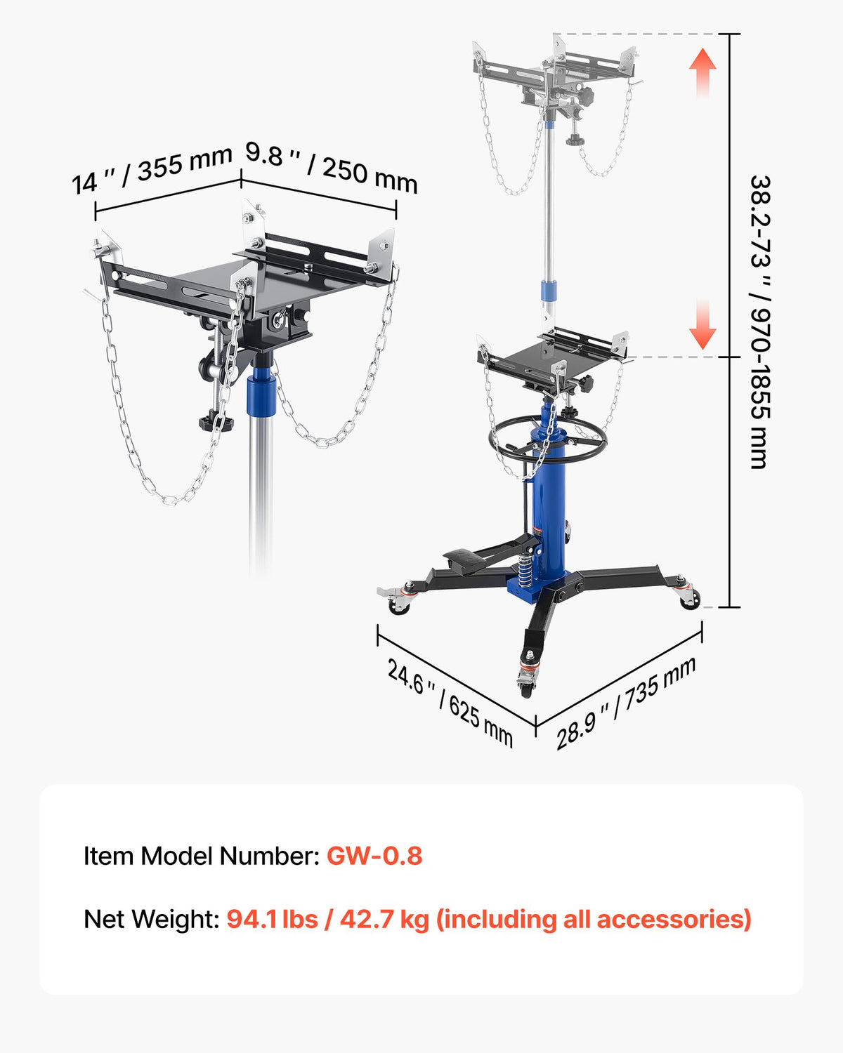 Hydraulisk domkraft, lyftkapacitet 0,75 ton, teleskopisk domkraft med fotpedal, 360° svängbart hjul, 88–176 cm hög lyfthöjd, lyftanordning för garage/verkstad