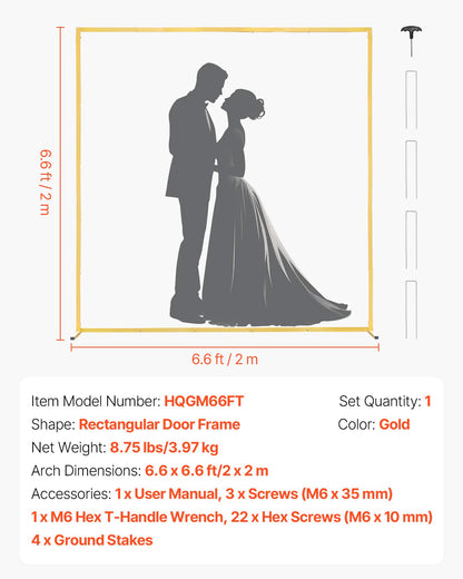 Arch Backdrop Stand, 2 x 2 m, Stable Structure, Easy Assembly, Square Gold Metal Arch Backdrop Stand for Wedding, Birthday Party, Graduation, Holiday Celebration, and Ceremony Decoration