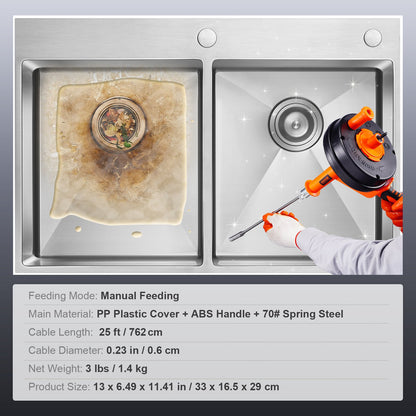Drain Auger 762 cm, Plumbing Snake with Drill Attachment, Plumbers Snake Drain Clog Remover for Kitchen Bathroom Shower Sink with Protective Hose and Gloves
