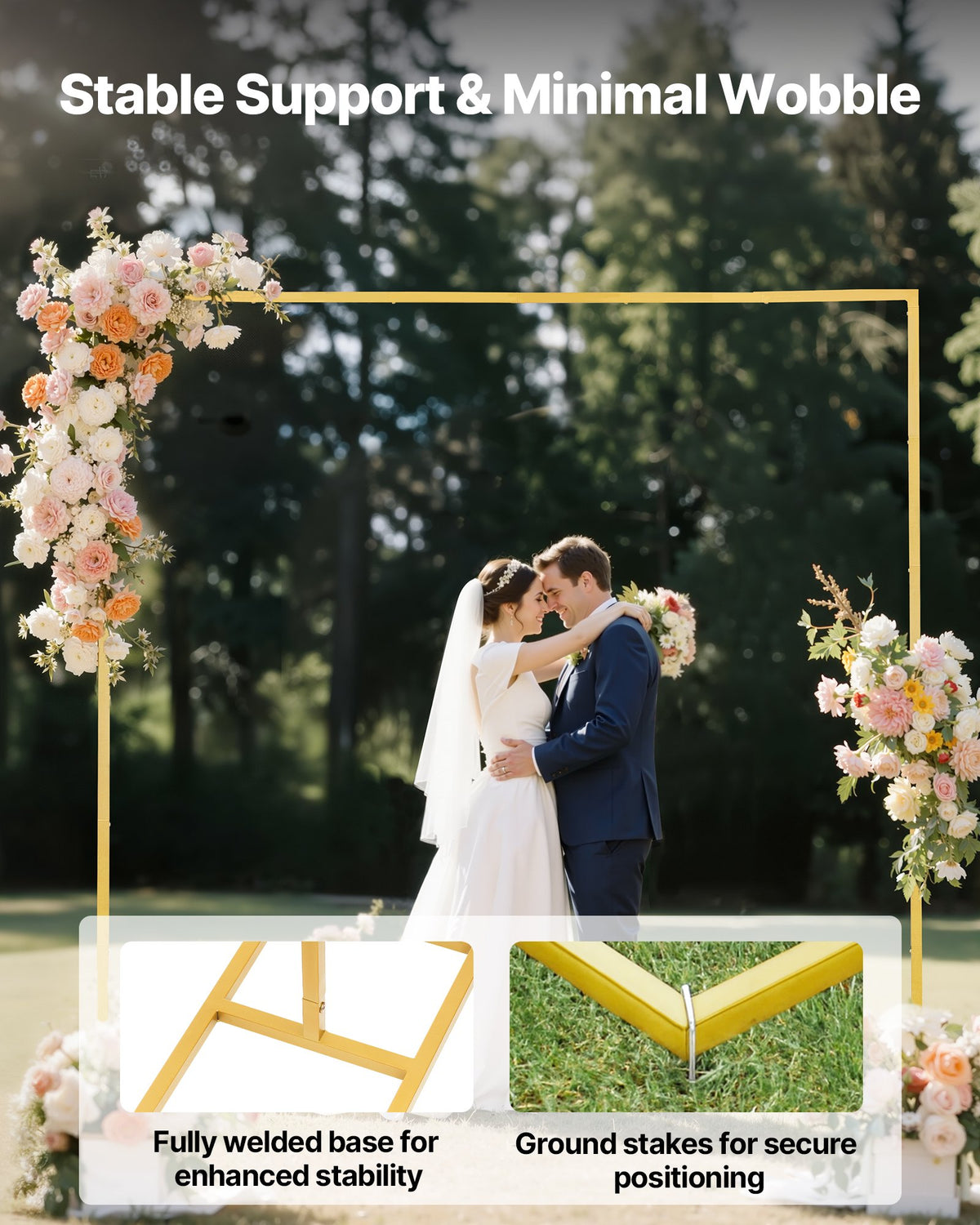 Arch Backdrop Stand, 2.4 x 2.4 m, Stable Structure, Easy Assembly, Square Gold Metal Arch Backdrop Stand for Wedding, Birthday Party, Graduation, Holiday Celebration, and Ceremony Decoration