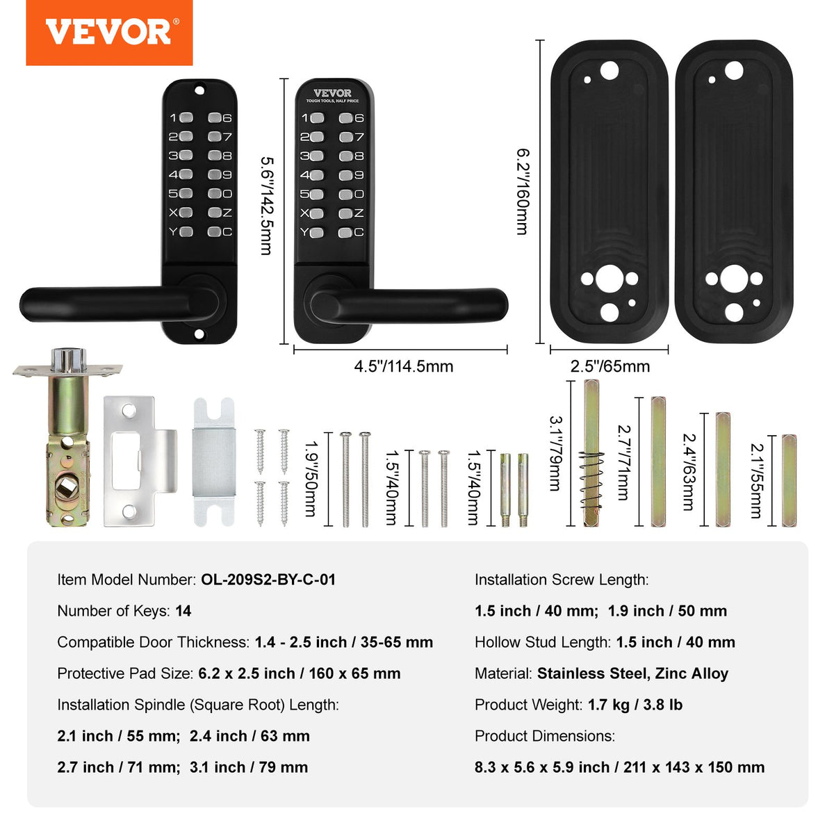 Mechanical Keyless Entry Door Lock, 14 Digit Keypad, Double-sided Embedded Outdoor Gate Door Locks Set with Keypad and Handle, Water-proof Zinc Alloy, Easy to Install, for Garden, Yard, Garage