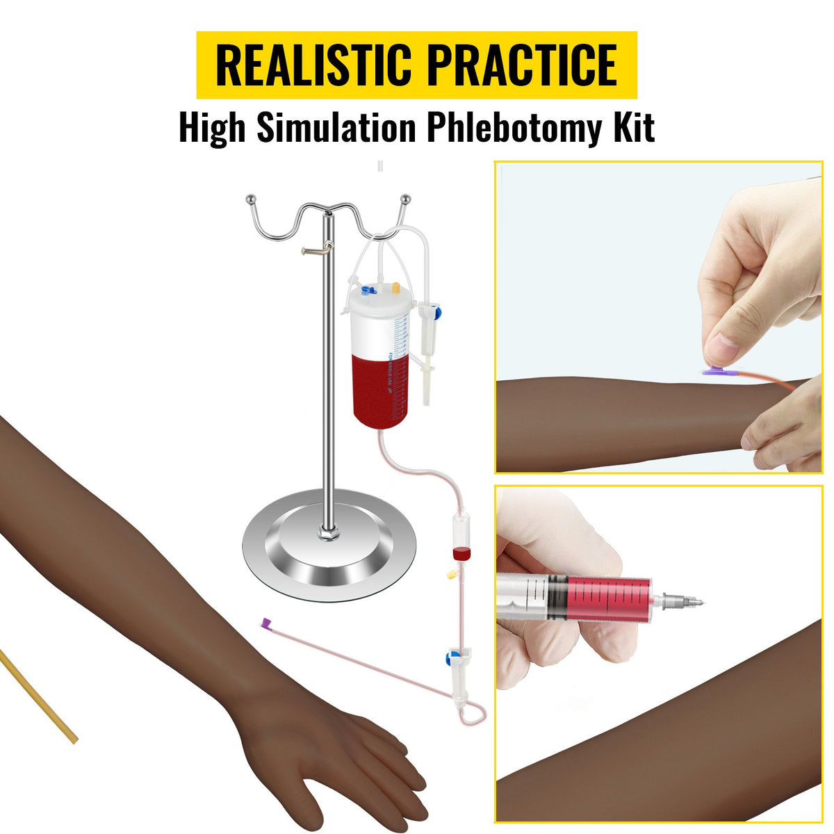 Intravenöst övningsarmkit med mörk hud Flebotomiarm Tillverkad av PVC-material Perfekta flebotomipresenter till sjuksköterskor IV-övningsarmkit med kompletta tillbehör (ENDAST FÖR UTBILDNINGSBRUK)