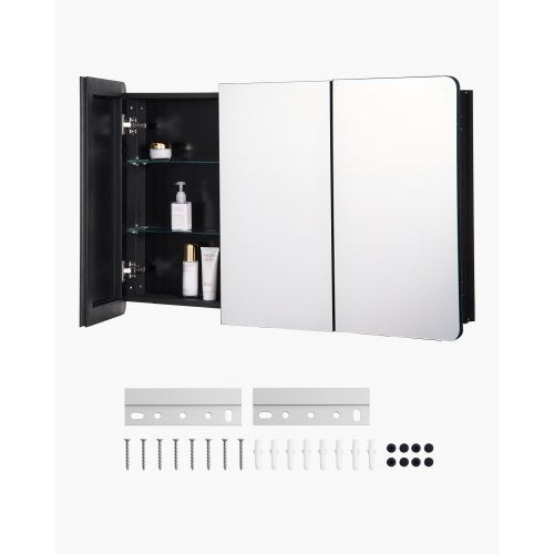 Medicinskåp, 25,5 x 40 tum, medicinskåp för badrum med spegel, badrumsväggskåp med aluminiumram, justerbara hyllor i 4 lager, infälld och väggmonterad installation