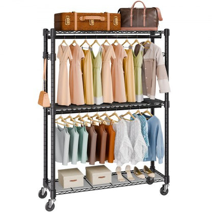 Heavy Duty Clothes Rack, Rolling Clothing Garment Rack with 3 Storage Tiers, 2 Rods and 2 Pairs Side Hooks, Adjustable Height Clothing Rack Closet for Hanging Clothes, 400 Lbs Load Capacity