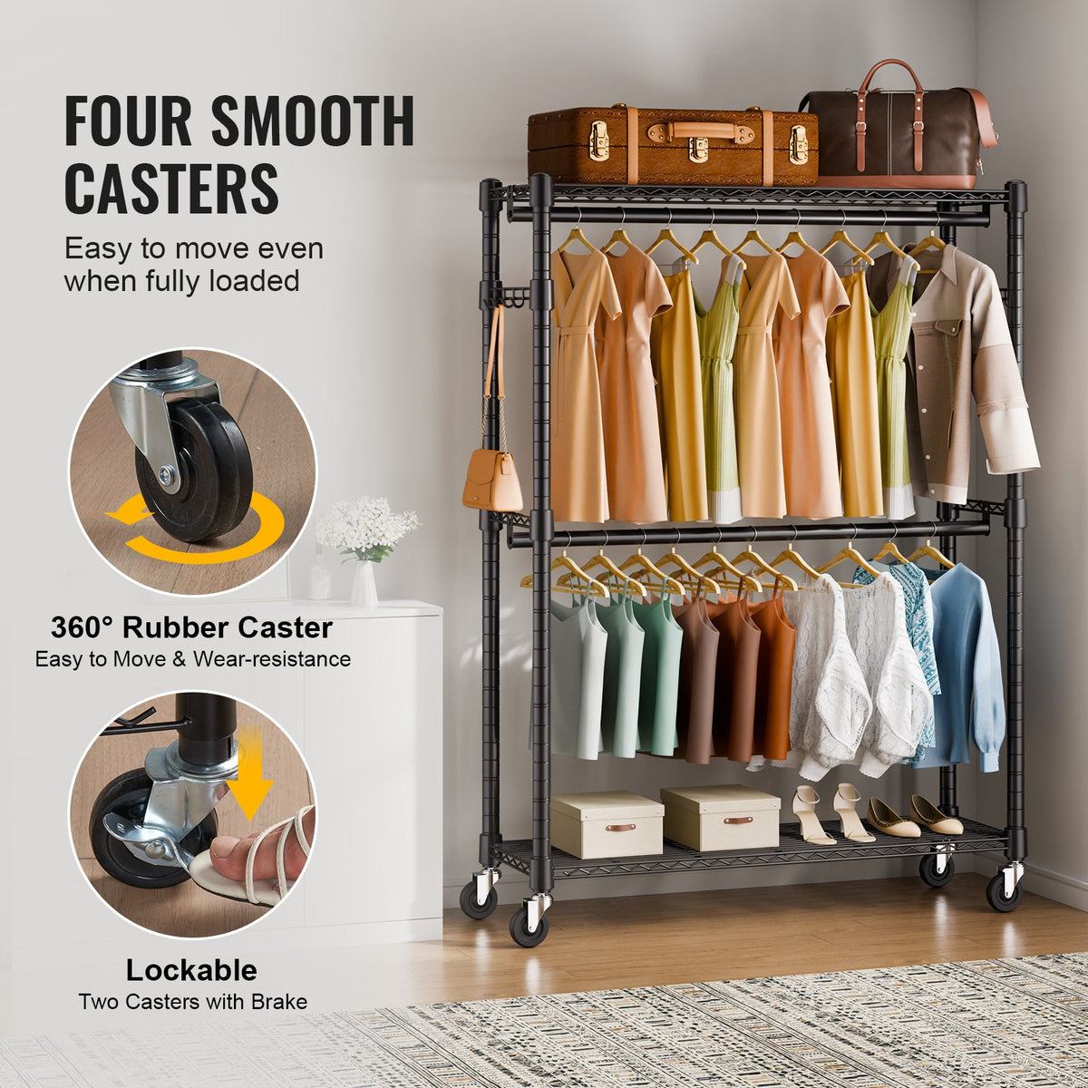 Heavy Duty Clothes Rack, Rolling Clothing Garment Rack with 3 Storage Tiers, 2 Rods and 2 Pairs Side Hooks, Adjustable Height Clothing Rack Closet for Hanging Clothes, 400 Lbs Load Capacity