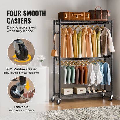 Heavy Duty Clothes Rack, Rolling Clothing Garment Rack with 3 Storage Tiers, 2 Rods and 2 Pairs Side Hooks, Adjustable Height Clothing Rack Closet for Hanging Clothes, 400 Lbs Load Capacity
