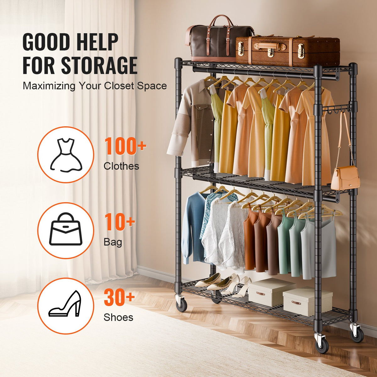 Heavy Duty Clothes Rack, Rolling Clothing Garment Rack with 3 Storage Tiers, 2 Rods and 2 Pairs Side Hooks, Adjustable Height Clothing Rack Closet for Hanging Clothes, 400 Lbs Load Capacity