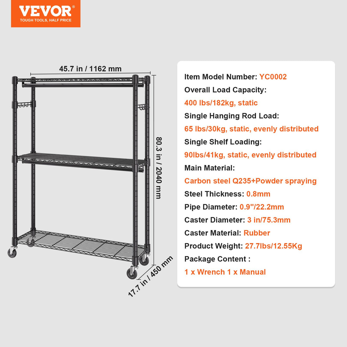 Heavy Duty Clothes Rack, Rolling Clothing Garment Rack with 3 Storage Tiers, 2 Rods and 2 Pairs Side Hooks, Adjustable Height Clothing Rack Closet for Hanging Clothes, 400 Lbs Load Capacity