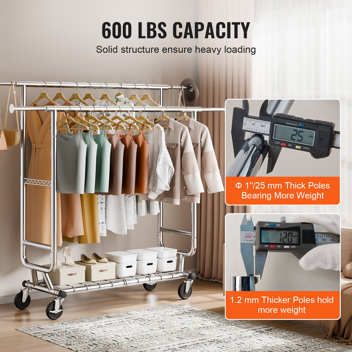 Heavy Duty Clothes Rack, Double Hanging Rod Clothing Garment Rack for Hanging Clothes, Adjustable Height and Extendable Length Clothing Rack with Bottom Storage Area, 272.2kg Load Capacity