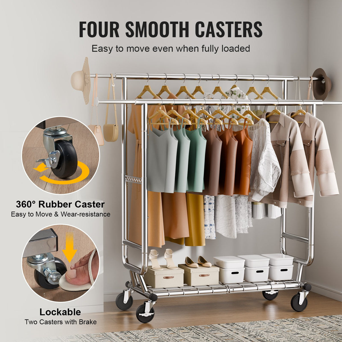 Heavy Duty Clothes Rack, Double Hanging Rod Clothing Garment Rack for Hanging Clothes, Adjustable Height and Extendable Length Clothing Rack with Bottom Storage Area, 272.2kg Load Capacity