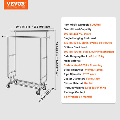 Heavy Duty Clothes Rack, Double Hanging Rod Clothing Garment Rack for Hanging Clothes, Adjustable Height and Extendable Length Clothing Rack with Bottom Storage Area, 272.2kg Load Capacity