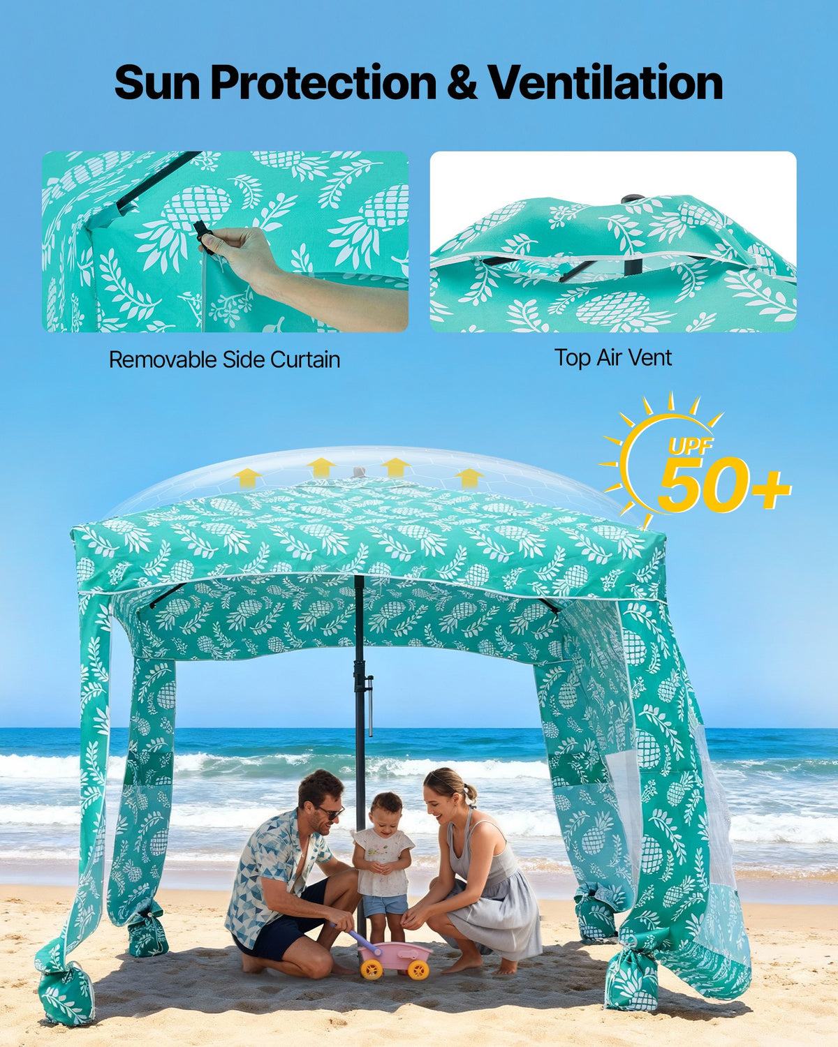 Beach Cabana, 1.83 x 1.83 m Beach Canopy with Side Wall, UPF 50+ Protection Easy Setup Cabana Tent with Sand Pockets, Large Portable Shade Sun Shelter Outdoor Umbrella for Whole Family & Friends