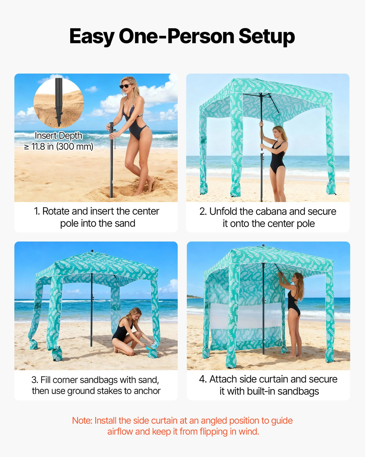 Beach Cabana, 1.83 x 1.83 m Beach Canopy with Side Wall, UPF 50+ Protection Easy Setup Cabana Tent with Sand Pockets, Large Portable Shade Sun Shelter Outdoor Umbrella for Whole Family & Friends