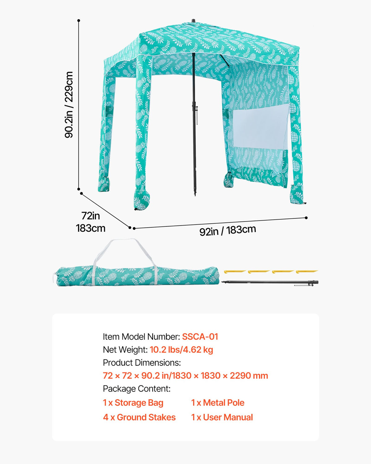 Beach Cabana, 1.83 x 1.83 m Beach Canopy with Side Wall, UPF 50+ Protection Easy Setup Cabana Tent with Sand Pockets, Large Portable Shade Sun Shelter Outdoor Umbrella for Whole Family & Friends