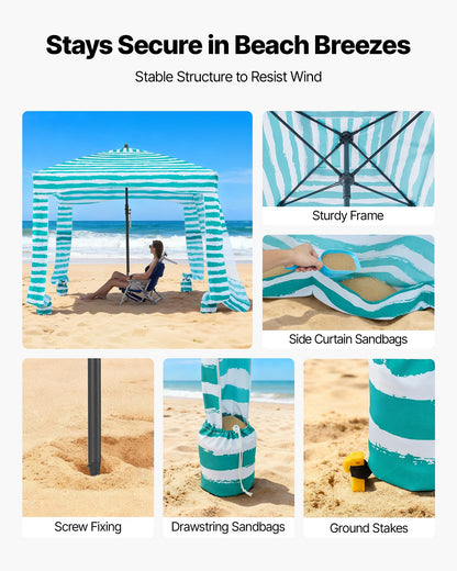 Beach Cabana, 1.83 x 1.83 m Beach Canopy with Side Wall, UPF 50+ Protection Easy Setup Cabana Tent with Sand Pockets, Portable Shade Sun Shelter Umbrella for Whole Family Friends, Green Stripes