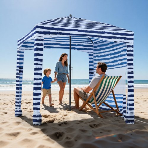 Beach Cabana, 1.83 x 1.83 m Beach Canopy with Side Wall, UPF 50+ Protection Easy Setup Cabana Tent with Sand Pockets, Portable Shade Sun Shelter Umbrella for Whole Family & Friends, Navy Stripes