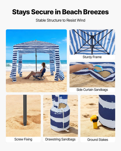 Beach Cabana, 1.83 x 1.83 m Beach Canopy with Side Wall, UPF 50+ Protection Easy Setup Cabana Tent with Sand Pockets, Portable Shade Sun Shelter Umbrella for Whole Family & Friends, Navy Stripes