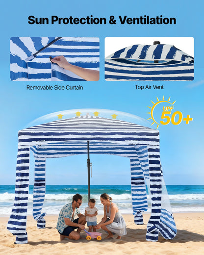 Beach Cabana, 1.83 x 1.83 m Beach Canopy with Side Wall, UPF 50+ Protection Easy Setup Cabana Tent with Sand Pockets, Portable Shade Sun Shelter Umbrella for Whole Family & Friends, Navy Stripes