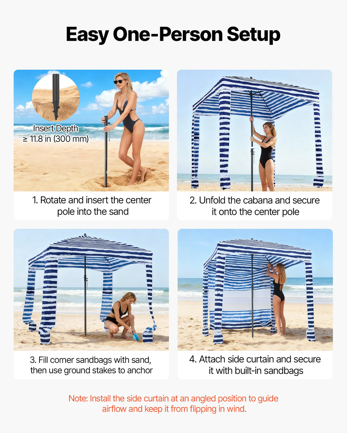 Beach Cabana, 1.83 x 1.83 m Beach Canopy with Side Wall, UPF 50+ Protection Easy Setup Cabana Tent with Sand Pockets, Portable Shade Sun Shelter Umbrella for Whole Family & Friends, Navy Stripes