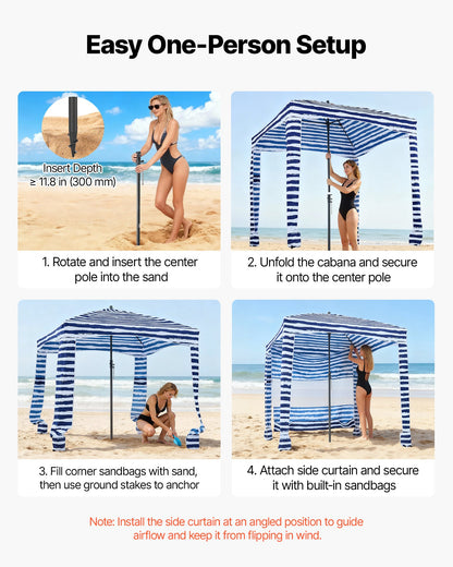 Beach Cabana, 1.83 x 1.83 m Beach Canopy with Side Wall, UPF 50+ Protection Easy Setup Cabana Tent with Sand Pockets, Portable Shade Sun Shelter Umbrella for Whole Family & Friends, Navy Stripes
