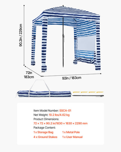 Beach Cabana, 1.83 x 1.83 m Beach Canopy with Side Wall, UPF 50+ Protection Easy Setup Cabana Tent with Sand Pockets, Portable Shade Sun Shelter Umbrella for Whole Family & Friends, Navy Stripes