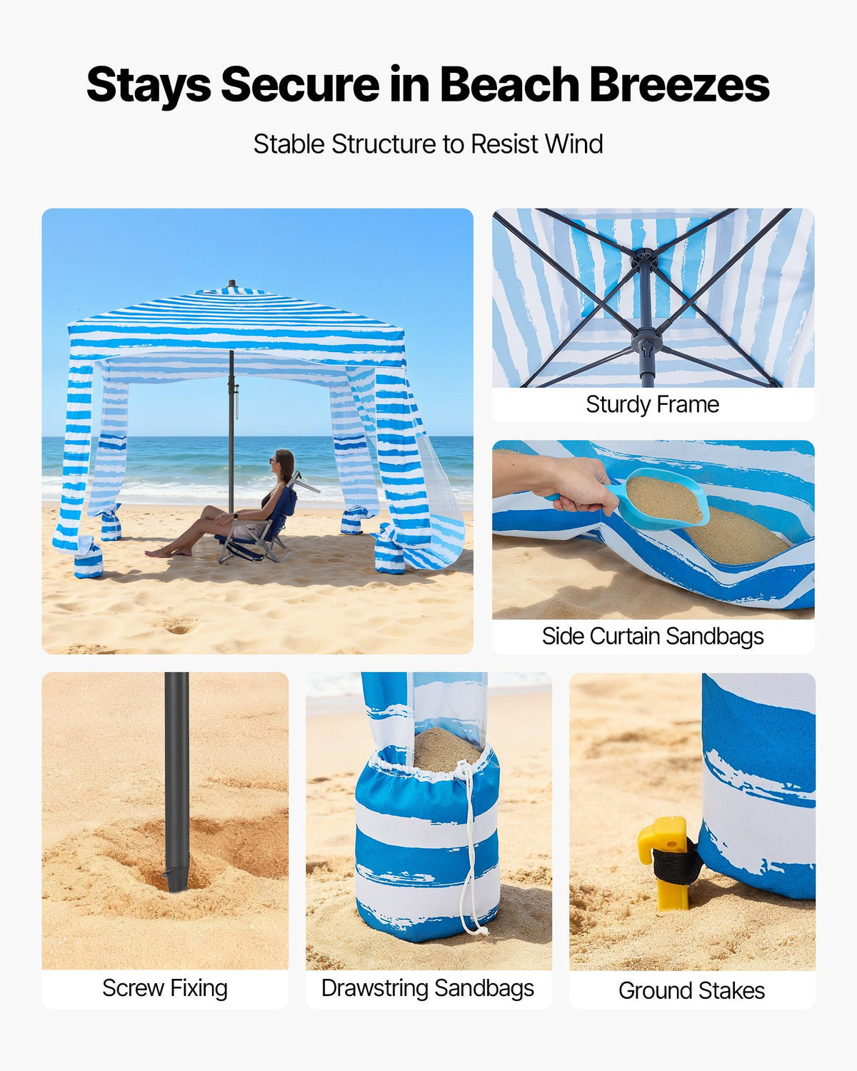 Beach Cabana, 1.83 x 1.83 m Beach Canopy with Side Wall, UPF 50+ Protection Easy Setup Cabana Tent with Sand Pockets, Portable Shade Sun Shelter Umbrella for Whole Family & Friends, Blue Stripes