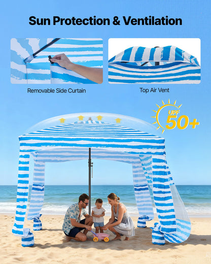 Beach Cabana, 1.83 x 1.83 m Beach Canopy with Side Wall, UPF 50+ Protection Easy Setup Cabana Tent with Sand Pockets, Portable Shade Sun Shelter Umbrella for Whole Family & Friends, Blue Stripes