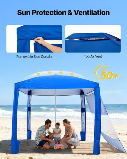 Beach Cabana, 2.4 x 2.4 m Beach Canopy with Side Wall, UPF 50+ Protection Easy Setup Cabana Tent with Sand Pockets, Adjustable Height Portable Shade Sun Shelter Umbrella for Family Friends, Blue