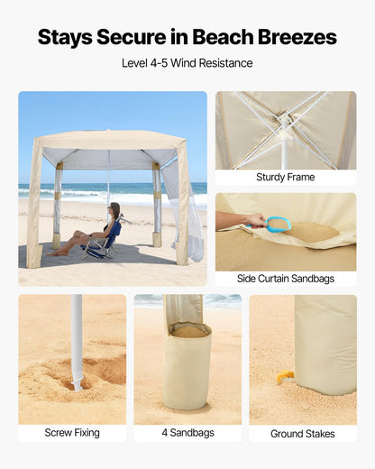Beach Cabana, 2.4 x 2.4 m Beach Canopy with Side Wall, UPF 50+ Protection Easy Setup Cabana Tent with Sand Pockets, Adjustable Height Portable Shade Sun Shelter Umbrella for Family Friend, Khaki