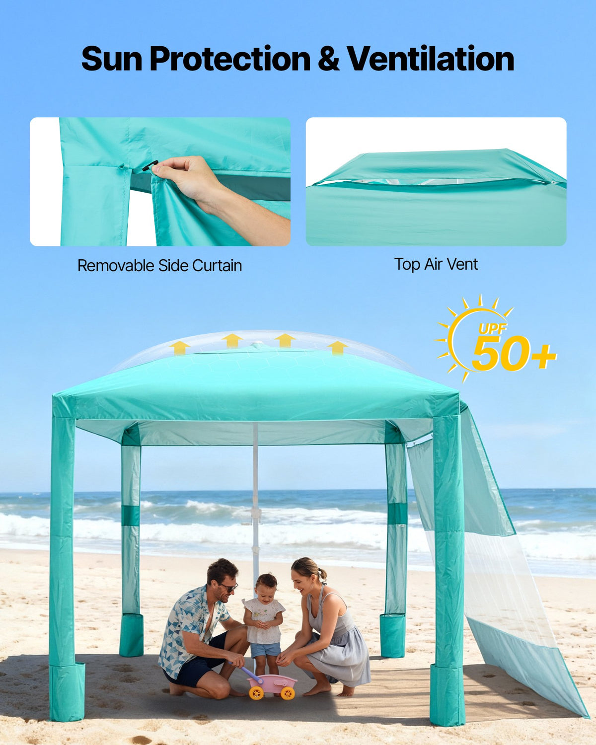 Beach Cabana, 2.4 x 2.4 m Beach Canopy with Side Wall, UPF 50+ Protection Easy Setup Cabana Tent with Sand Pockets, Adjustable Height Portable Shade Sun Shelter Umbrella for Family Friend, Green